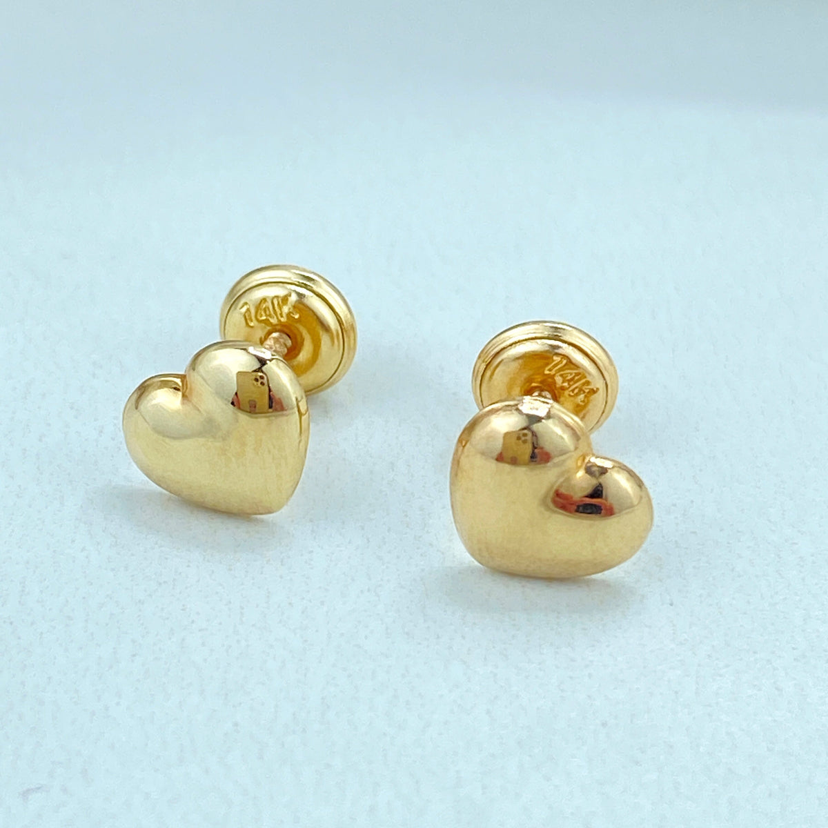 14k Solid Gold Heart Stud Earrings, 14k Solid Yellow Gold Puffed Polished Stud Earrings, Screw Back Studs, Unisex