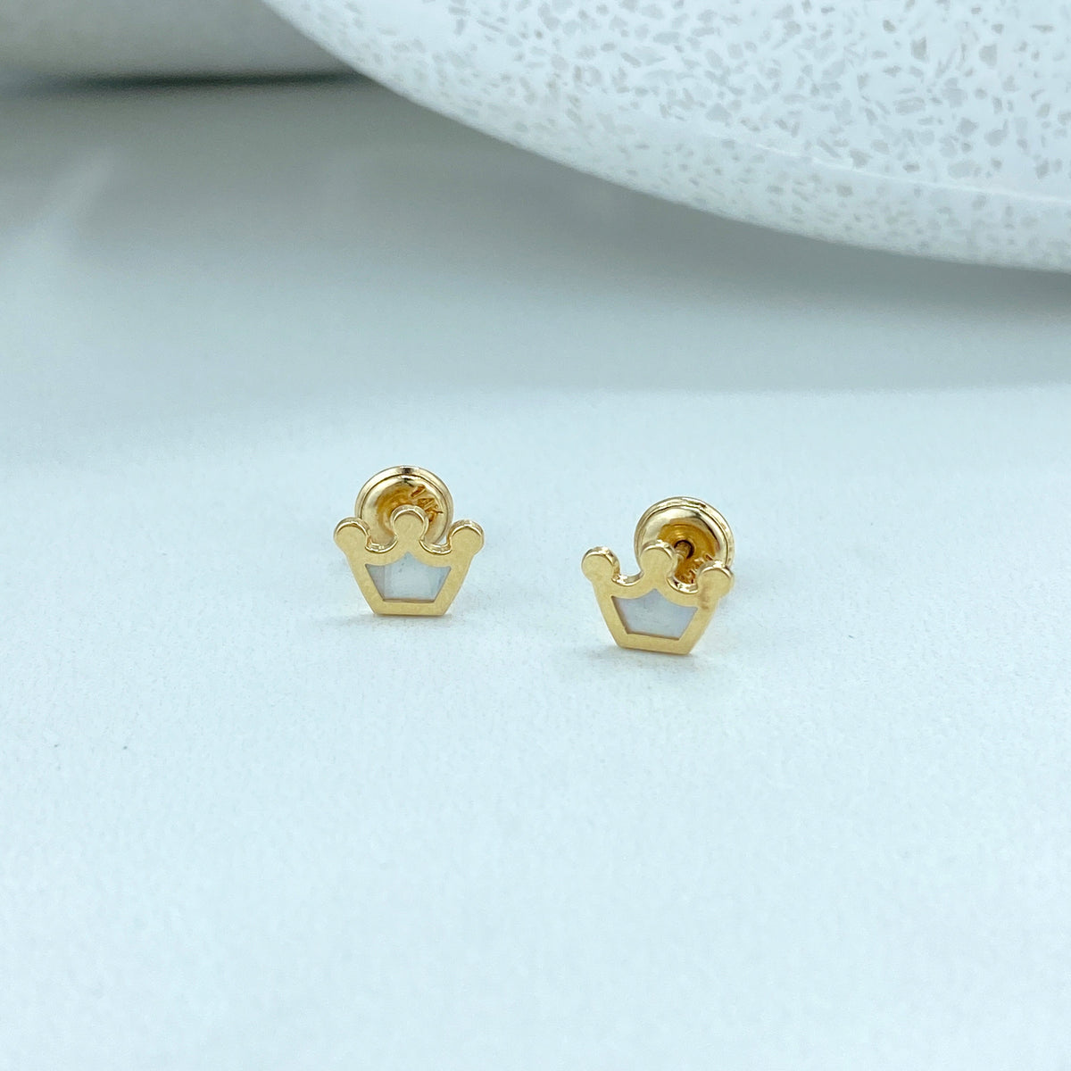 14k Solid Gold Mother of Pearl Crown Stud or Polished Crown Stud Earrings, 14k Solid Yellow Gold Stud, Screw Back Studs, Unisex