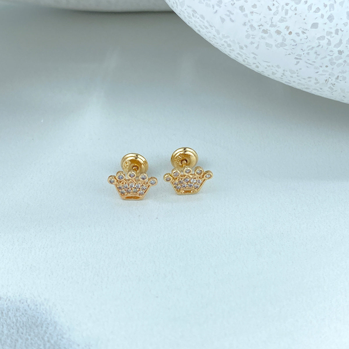 14k Solid Gold Crown Stud Earring featuring Cubic Zirconia, 14k Solid Yellow Gold Crown Shape Stud, Screw Back Studs, Unisex