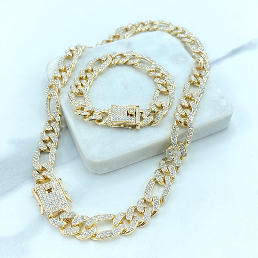14k Gold Filled, 13mm Iced Figaro Chain Style, Featuring Double Safety Lock Box Cubic Zirconia Chain and Bracelet SET, Wholesale Jewelry