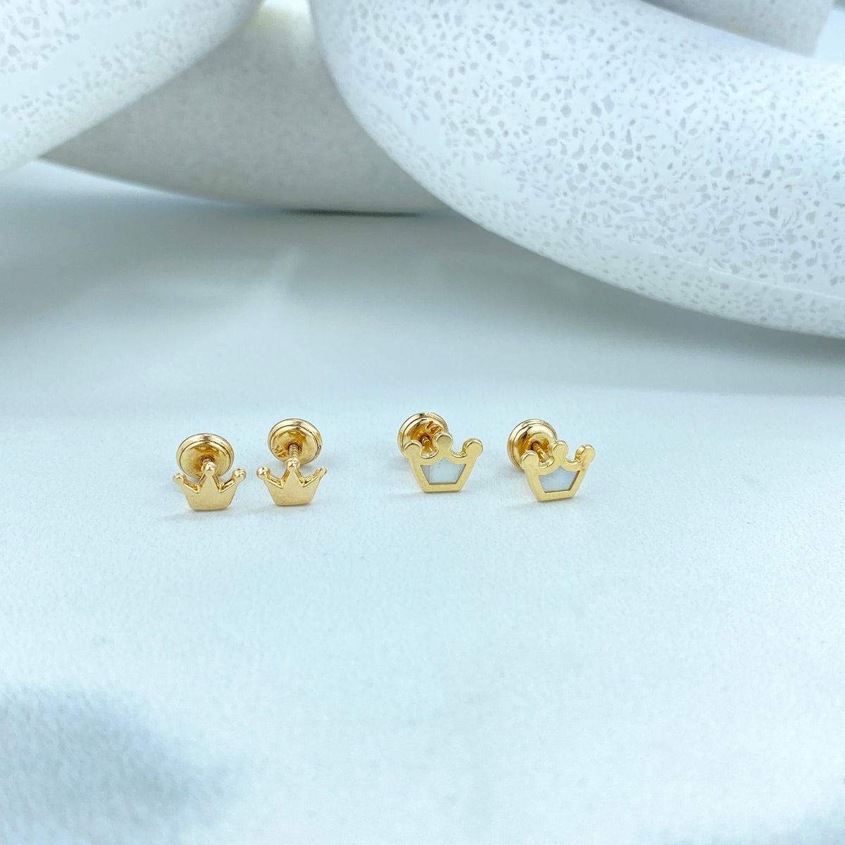 14k Solid Gold Mother of Pearl Crown Stud or Polished Crown Stud Earrings, 14k Solid Yellow Gold Stud, Screw Back Studs, Unisex