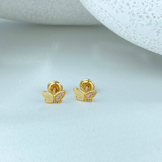 14k Solid Gold Butterfly Stud Earrings, 14k Solid Yellow Gold Butterfly Stud featuring Cubic Zirconia Stud, Screw Back Studs, Unisex