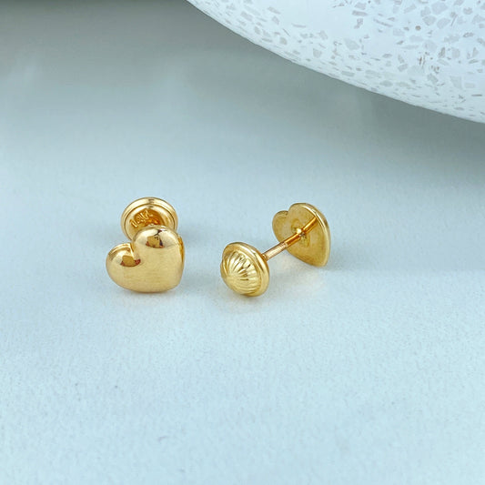 14k Solid Gold Heart Stud Earrings, 14k Solid Yellow Gold Puffed Polished Stud Earrings, Screw Back Studs, Unisex