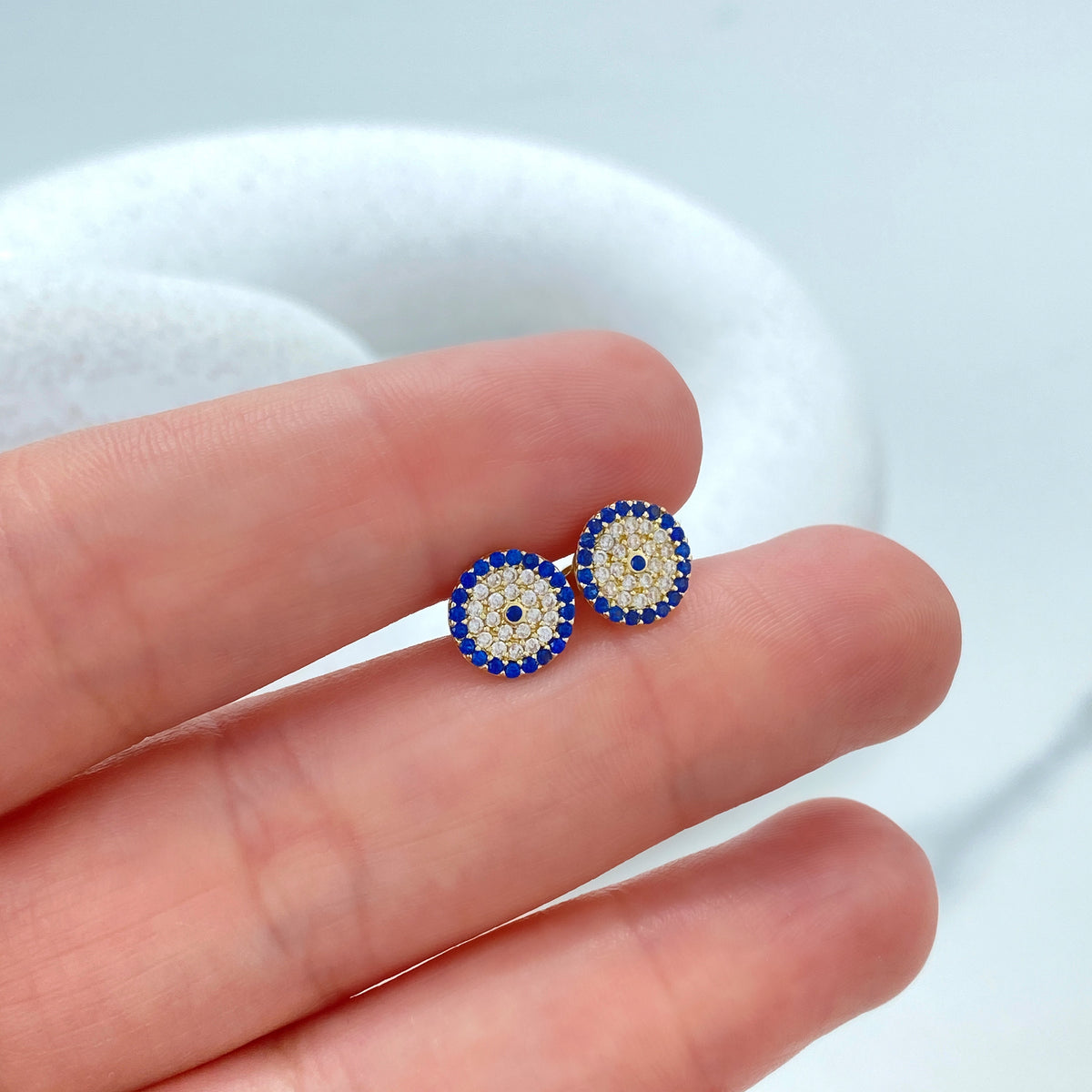 14k Solid Gold Evil Eye Micro Cubic Zirconia Stud Earrings, 14k Solid Yellow Gold CZ Stud Earrings, Push Back, 14k Solid Gold Tiny Studs