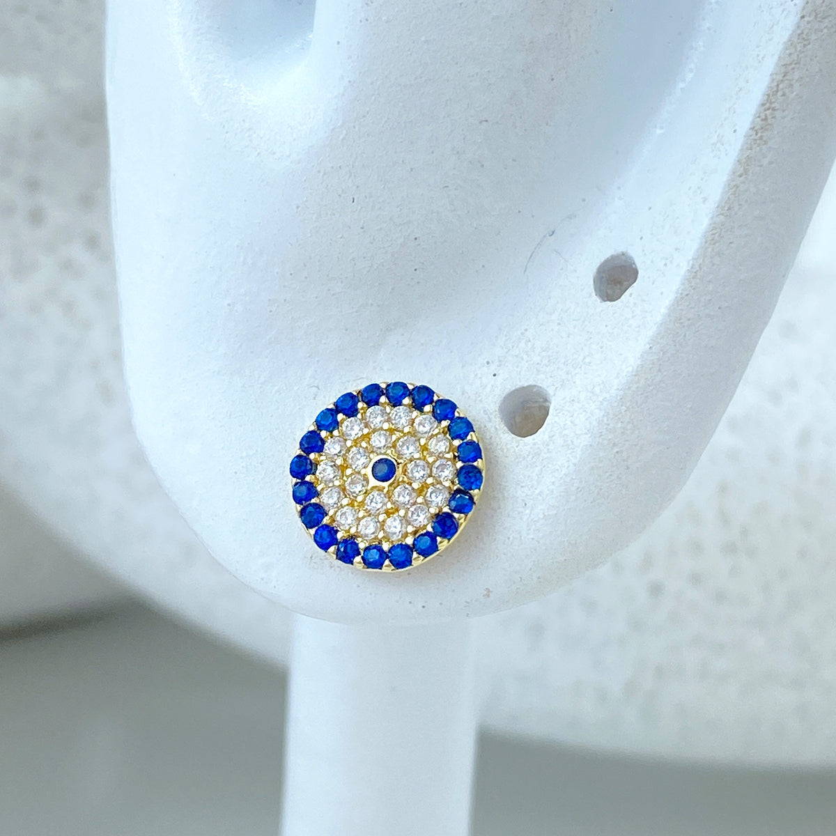 14k Solid Gold Evil Eye Micro Cubic Zirconia Stud Earrings, 14k Solid Yellow Gold CZ Stud Earrings, Push Back, 14k Solid Gold Tiny Studs