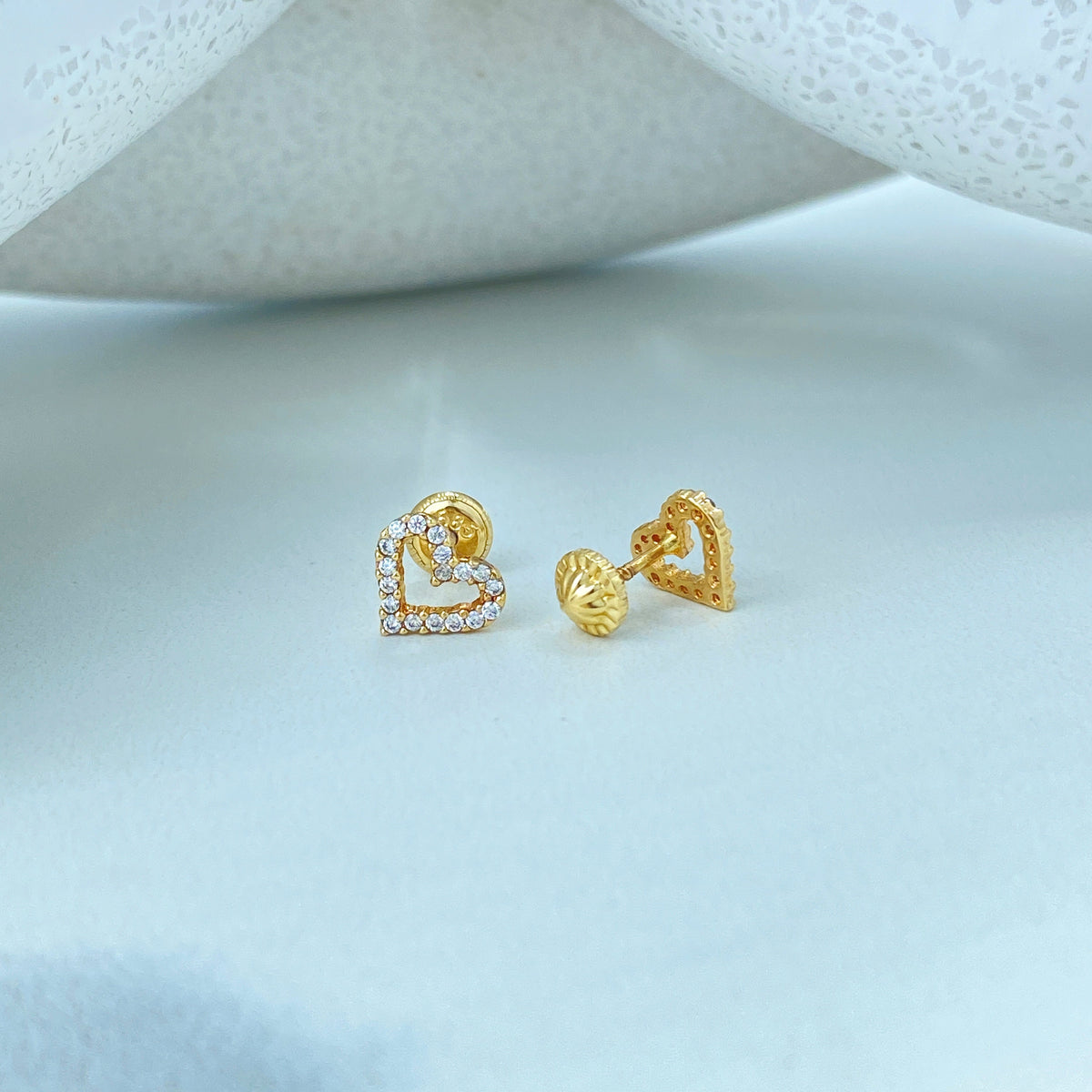 14k Solid Gold Heart Shape Stud Earrings featuring Cubic Zirconia, 14k Solid Yellow Gold CZ Heart Stud Earrings, Screw Back, Tiny Studs