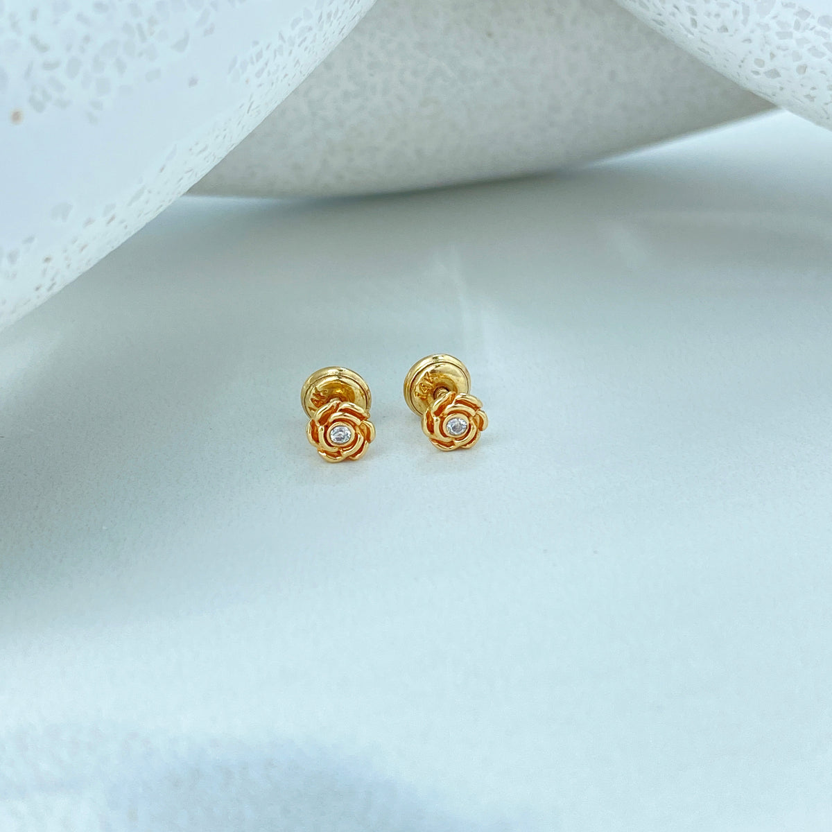 14k Solid Gold Rose Shape Stud Earrings or Circle Stud Earrings featuring Cubic Zirconia, 14k Solid Yellow Gold CZ Stud Earrings, Screw Back