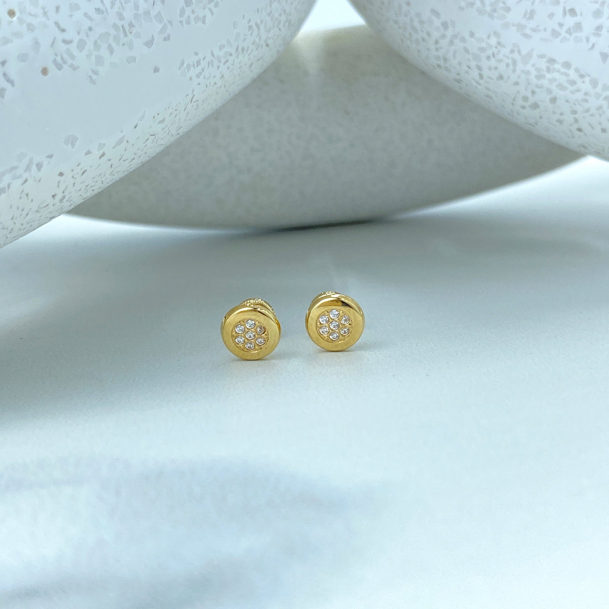 14k Solid Gold Rose Shape Stud Earrings or Circle Stud Earrings featuring Cubic Zirconia, 14k Solid Yellow Gold CZ Stud Earrings, Screw Back