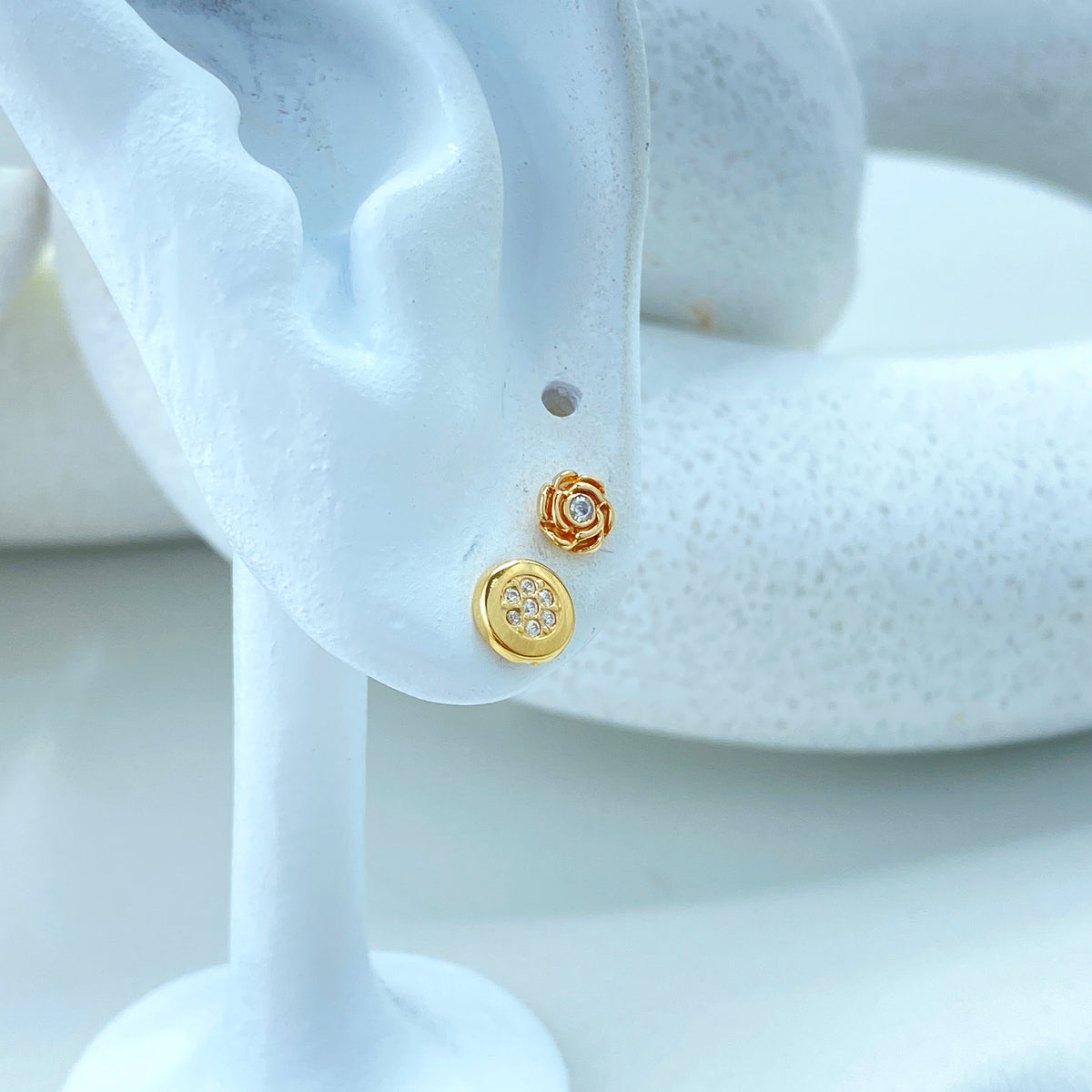 14k Solid Gold Rose Shape Stud Earrings or Circle Stud Earrings featuring Cubic Zirconia, 14k Solid Yellow Gold CZ Stud Earrings, Screw Back
