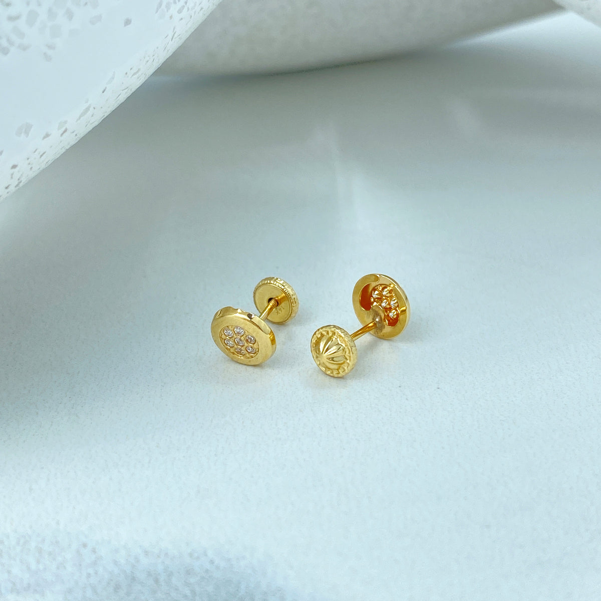 14k Solid Gold Rose Shape Stud Earrings or Circle Stud Earrings featuring Cubic Zirconia, 14k Solid Yellow Gold CZ Stud Earrings, Screw Back