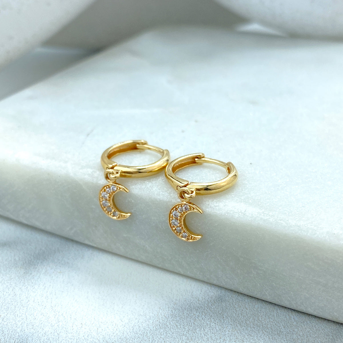 14k Solid Gold Huggie Earrings with Dangle Half Moon Charm featuring Cubic Zirconia, 14k Solid Yellow Gold CZ Moon Huggie Earrings