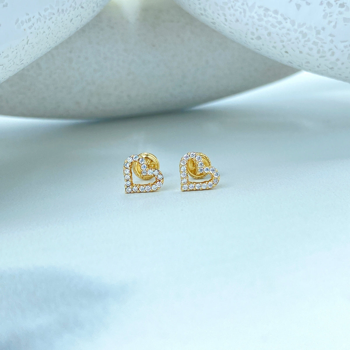 14k Solid Gold Heart Shape Stud Earrings featuring Cubic Zirconia, 14k Solid Yellow Gold CZ Heart Stud Earrings, Screw Back, Tiny Studs