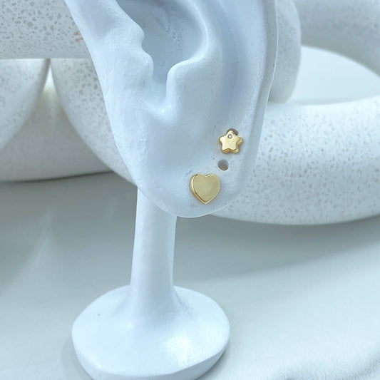 14k Solid Gold Polished Heart Stud Earrings or Star with Cubic Zirconia Stud Earrings, 14k Solid Yellow Gold CZ Stud Earrings, Screw Back