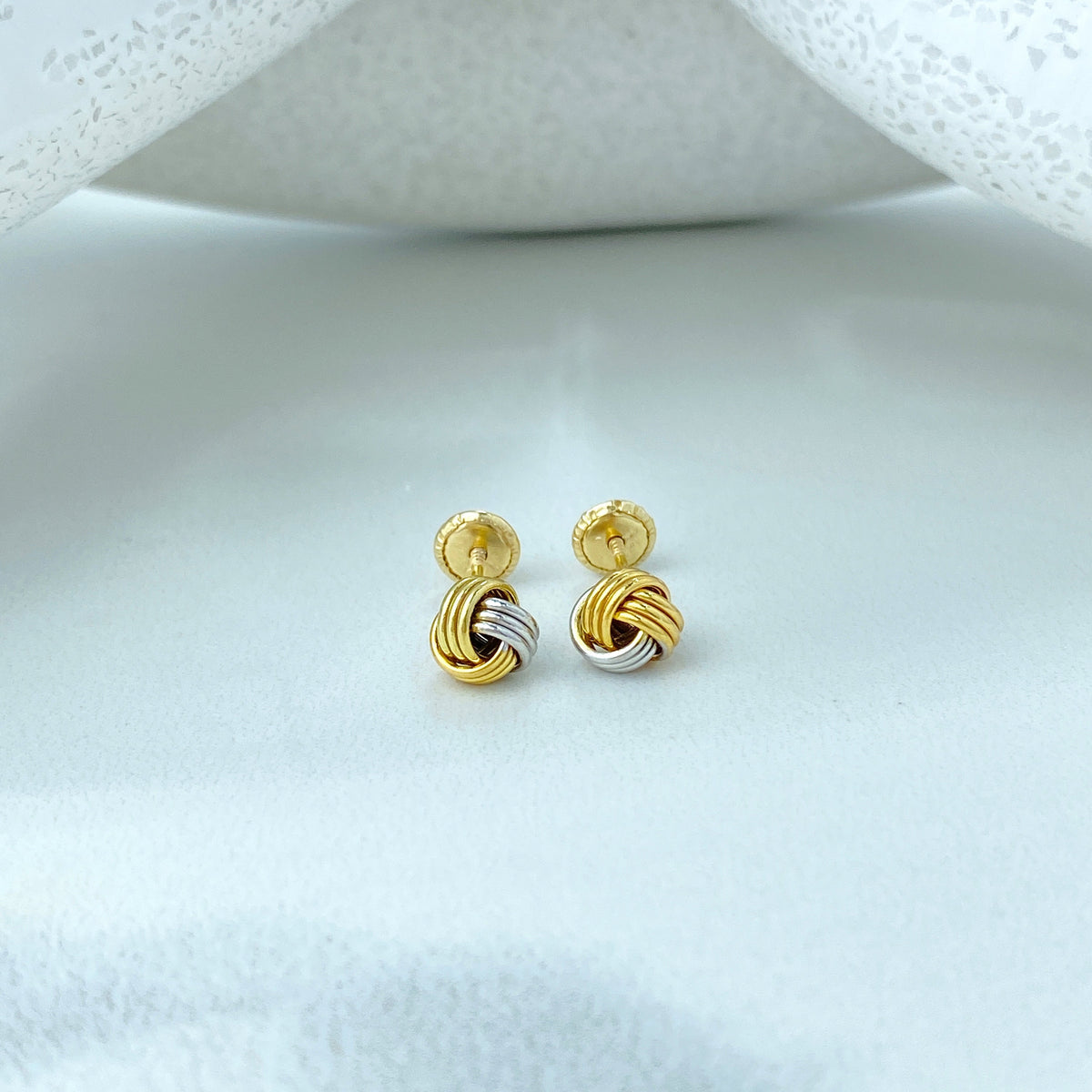 14k Solid Gold Two Tone Knot Stud Earrings, 14k Solid Yellow and Silver Gold Stud Earrings, Screw Back, Tiny Studs