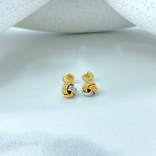 14k Solid Gold Two Tone Knot Stud Earrings, 14k Solid Yellow and Silver Gold Stud Earrings, Screw Back, Tiny Studs