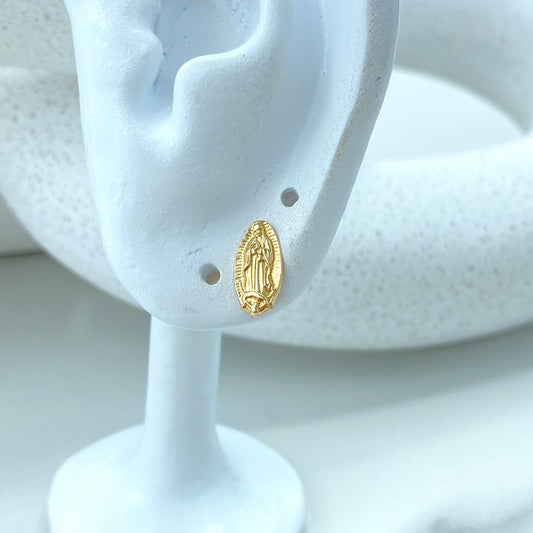 14k Solid Gold Our Lady Of Guadalupe Shape Stud Earrings, 14k Solid Yellow Gold Virgen de Guadalupe Stud Earrings, Screw Back, Tiny Studs