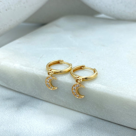 14k Solid Gold Huggie Earrings with Dangle Half Moon Charm featuring Cubic Zirconia, 14k Solid Yellow Gold CZ Moon Huggie Earrings
