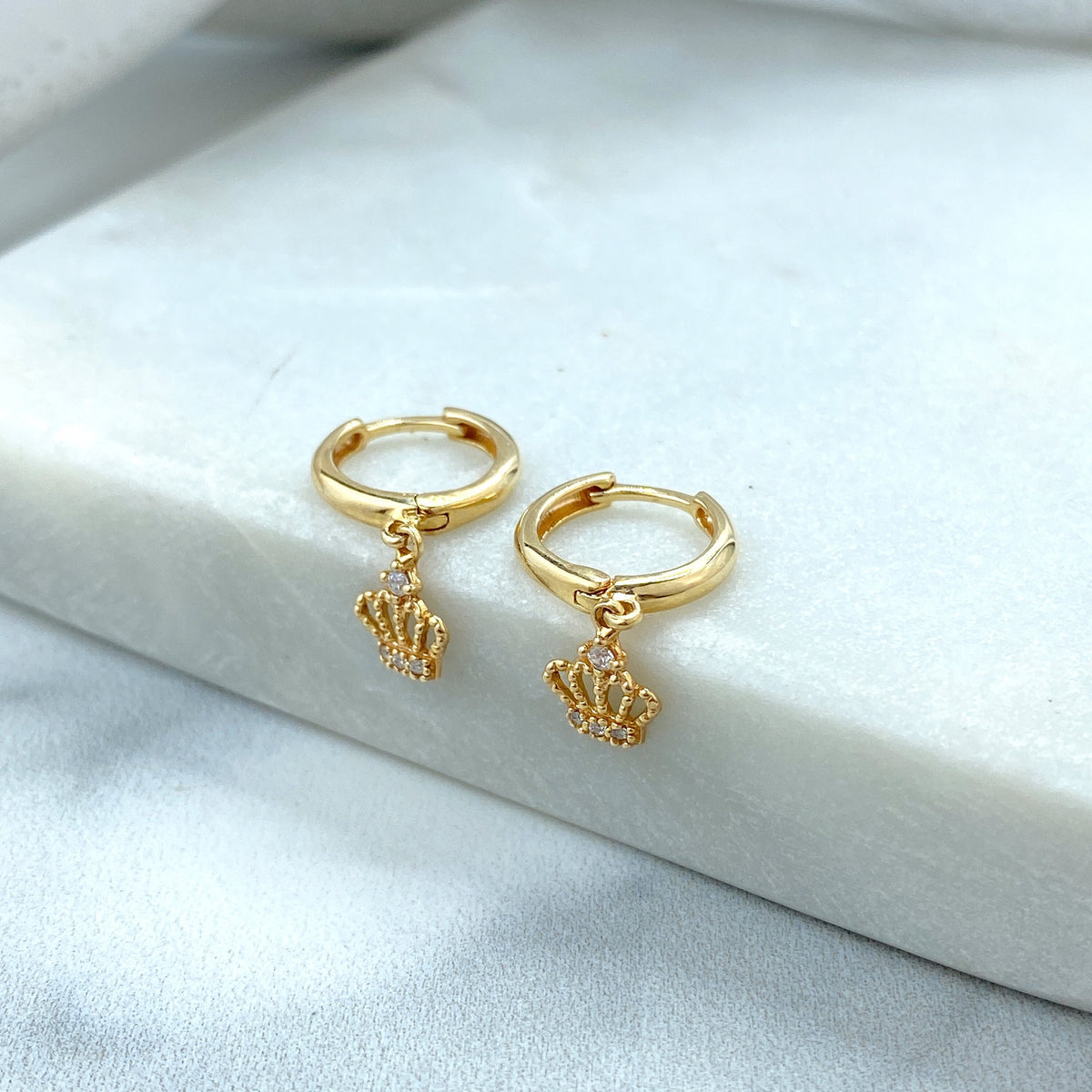 14k Solid Gold Huggie Earrings with Dangle Cutout Crown Charm featuring Cubic Zirconia, 14k Solid Yellow Gold CZ King Queen Crown Huggie