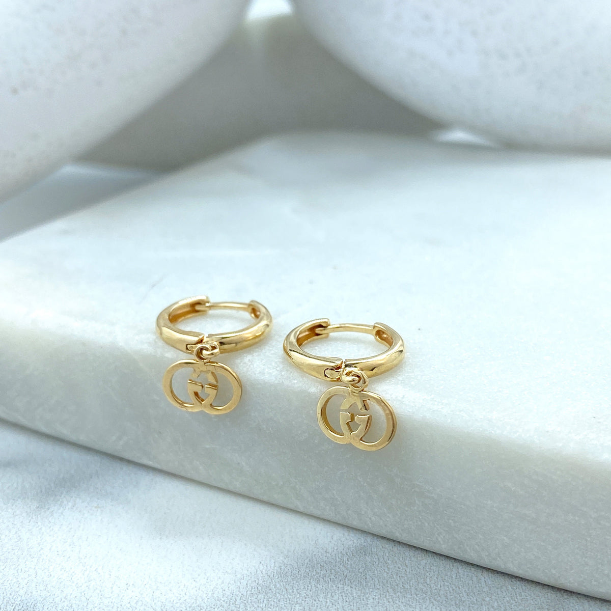14k Solid Gold Huggie Earrings with Dangle Double G Overlay, 14k Solid Yellow Gold Double Interlock G Huggie Earrings
