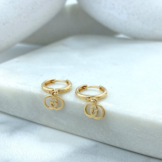 14k Solid Gold Huggie Earrings with Dangle Double G Overlay, 14k Solid Yellow Gold Double Interlock G Huggie Earrings