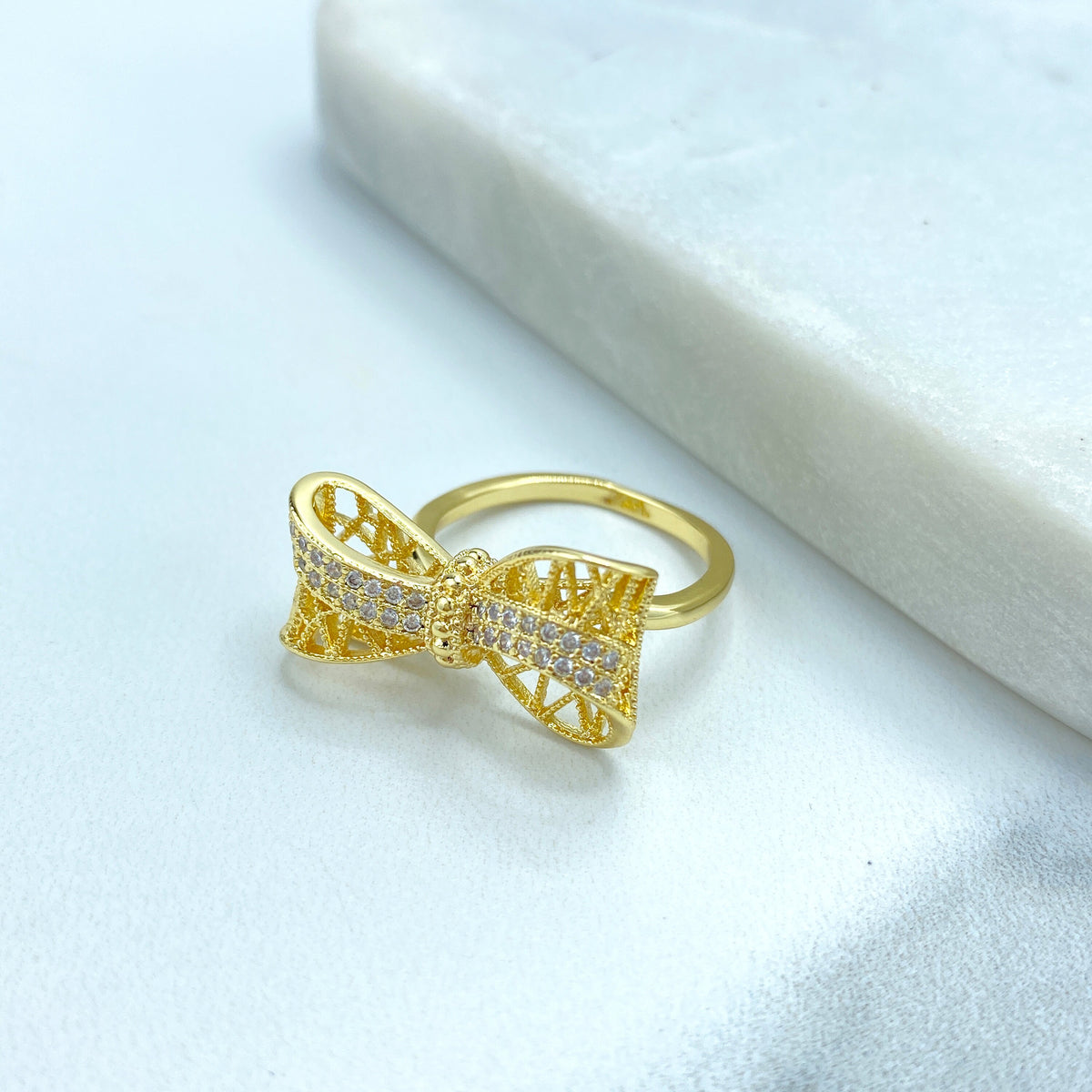 18k Gold Filled Adjustable Ring, 3D Mesh Ribbon Bow Ring featuring Micro Cubic Zirconia Adjustable Ring, Cutout Bow Ring, Wholesale Jewelry