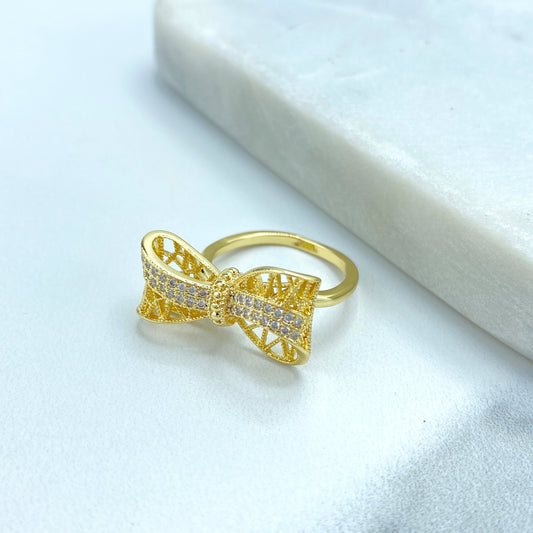 18k Gold Filled Adjustable Ring, 3D Mesh Ribbon Bow Ring featuring Micro Cubic Zirconia Adjustable Ring, Cutout Bow Ring, Wholesale Jewelry