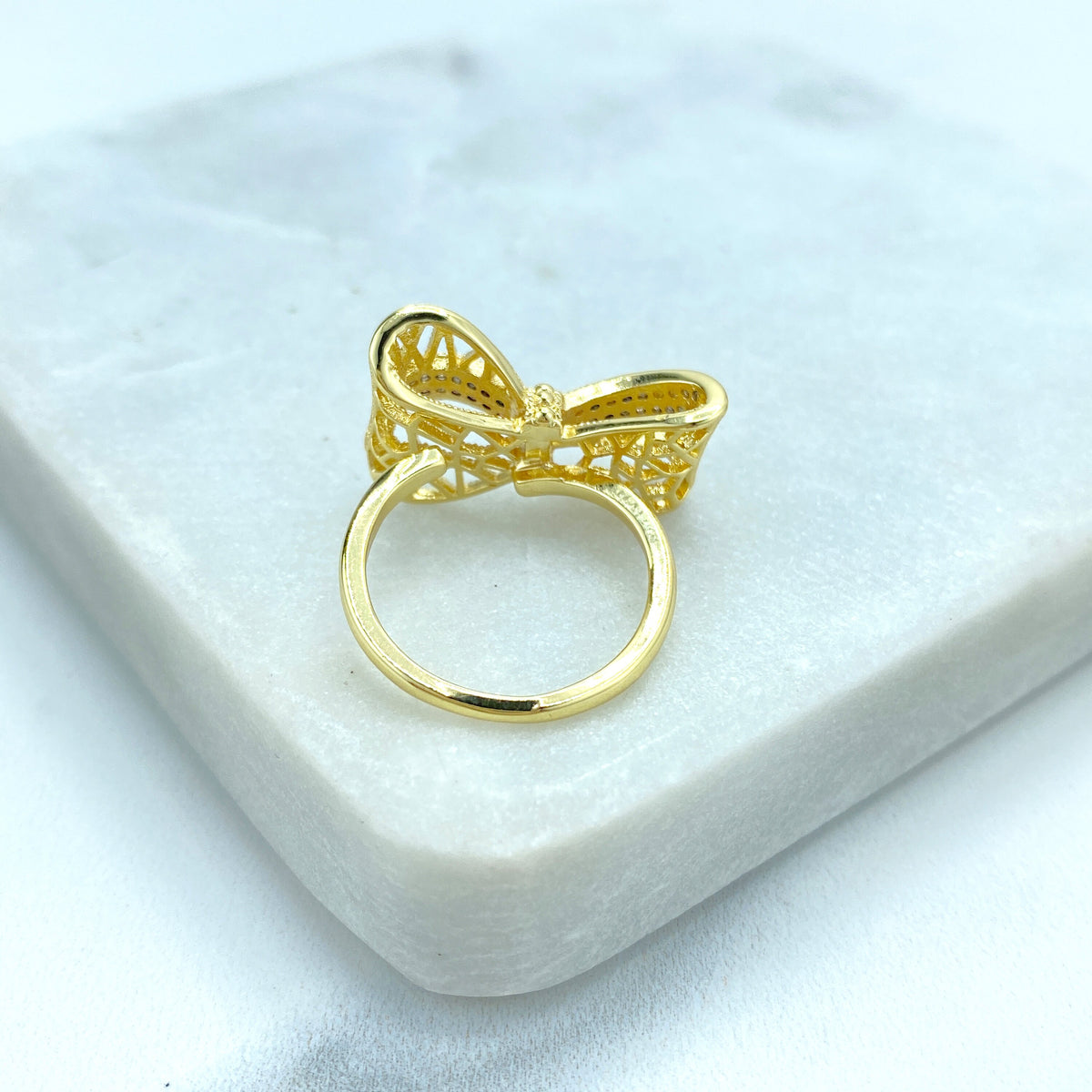18k Gold Filled Adjustable Ring, 3D Mesh Ribbon Bow Ring featuring Micro Cubic Zirconia Adjustable Ring, Cutout Bow Ring, Wholesale Jewelry