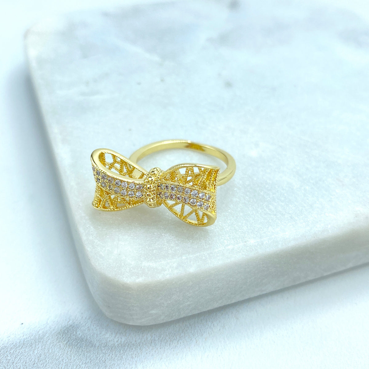 18k Gold Filled Adjustable Ring, 3D Mesh Ribbon Bow Ring featuring Micro Cubic Zirconia Adjustable Ring, Cutout Bow Ring, Wholesale Jewelry