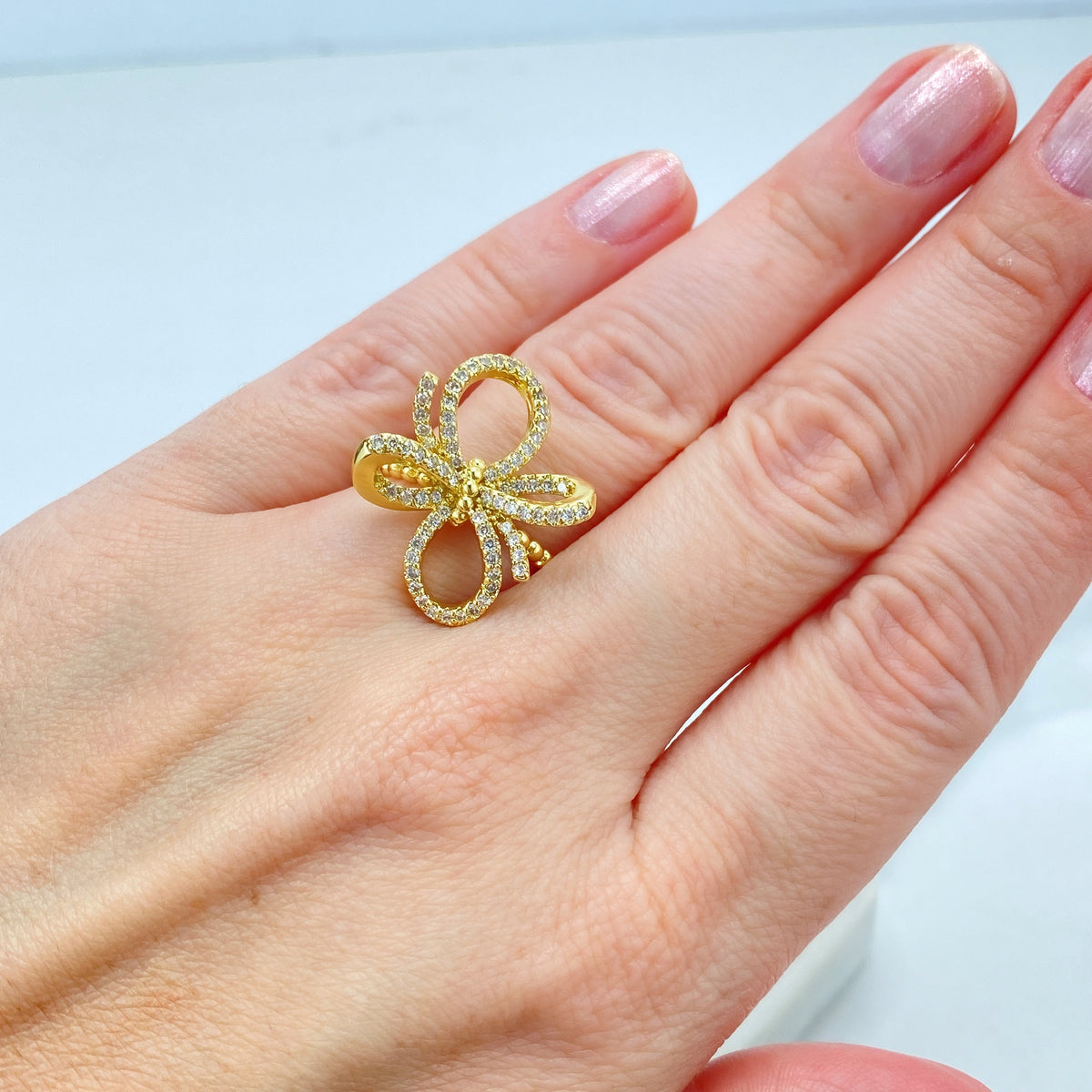 18k Gold Filled Adjustable Ring, 3D Ribbon Bow Ring featuring Micro Cubic Zirconia Adjustable Ring, Knot Bow Ring, Wholesale Jewelry