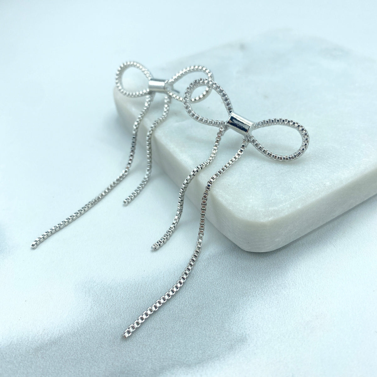 Silver Filled Bow Shape Post Earrings, Tassel Bow Shaped Earrings, Bow Ribbon Drop Dangle Earrings, Wholesale Jewelry