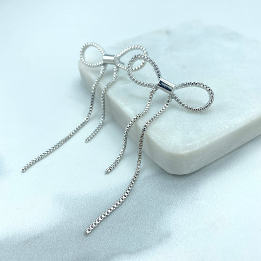 Silver Filled Bow Shape Post Earrings, Tassel Bow Shaped Earrings, Bow Ribbon Drop Dangle Earrings, Wholesale Jewelry
