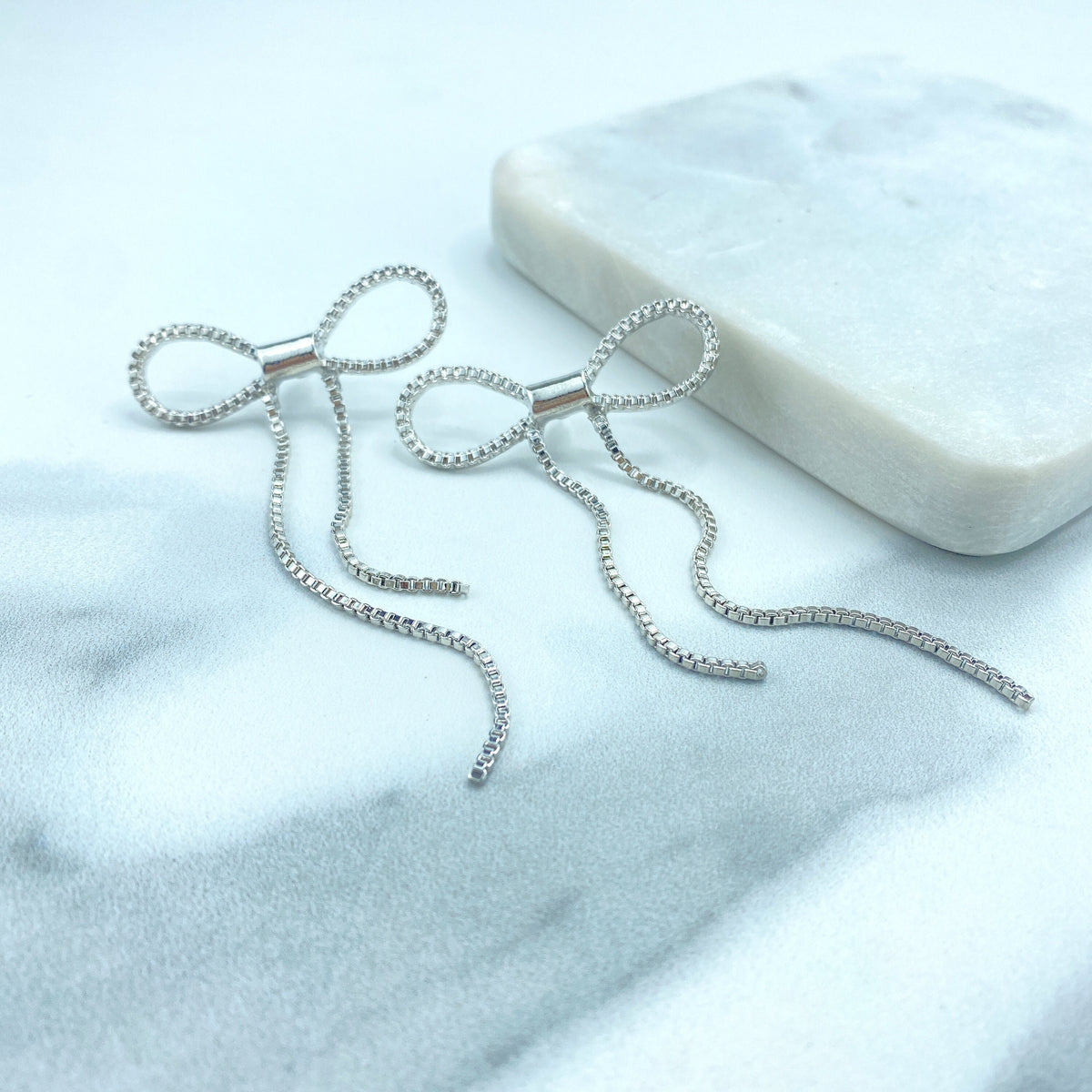 Silver Filled Bow Shape Post Earrings, Tassel Bow Shaped Earrings, Bow Ribbon Drop Dangle Earrings, Wholesale Jewelry
