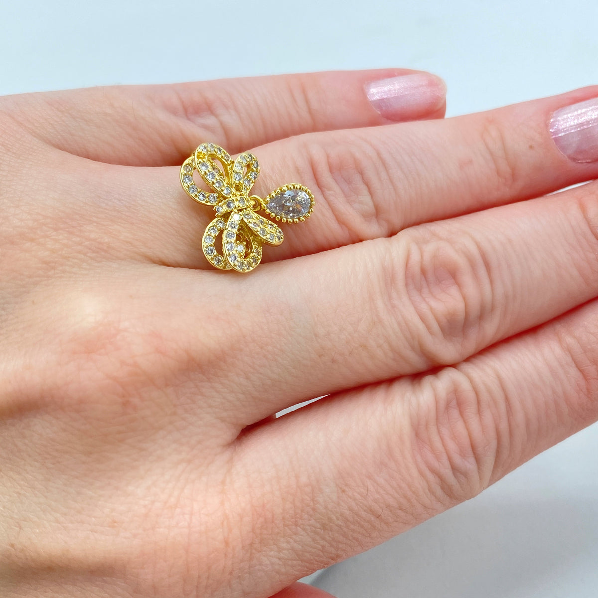 18k Gold Filled Adjustable Ring with Dangle Charms, Ribbon Bow Ring featuring Micro Cubic Zirconia Ring, Knot Bow Ring, Wholesale Jewelry