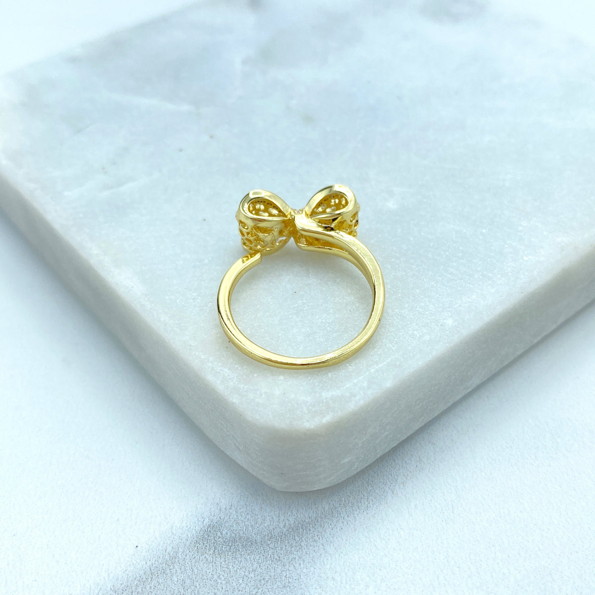 18k Gold Filled Adjustable Ring, 3D Mesh Ribbon Bow Ring featuring Micro Cubic Zirconia Adjustable Ring, Cutout Bow Ring, Wholesale Jewelry