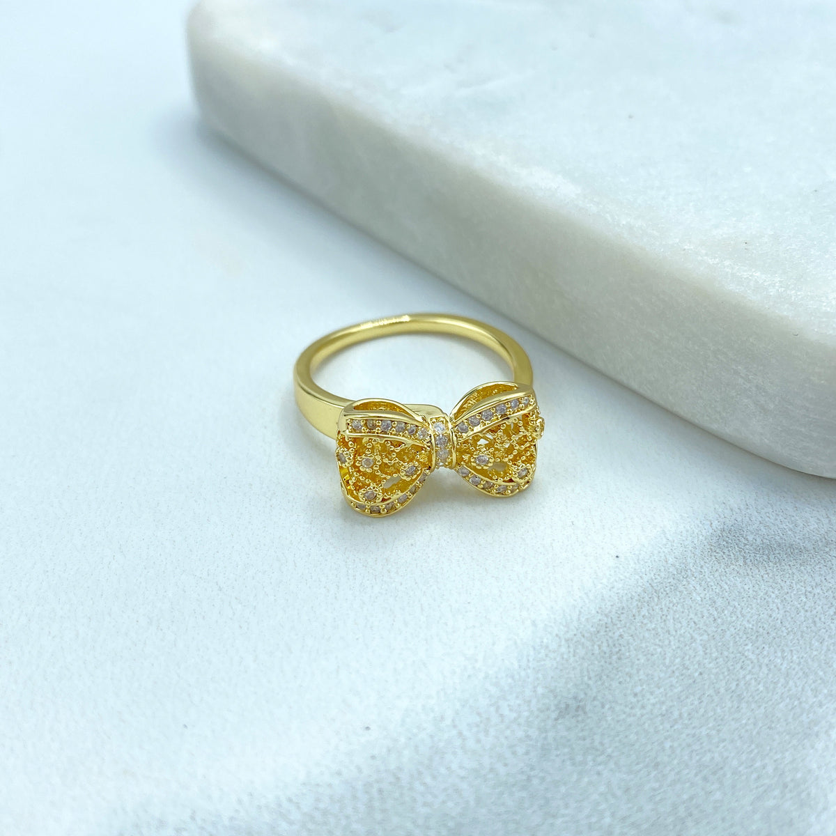18k Gold Filled Adjustable Ring, 3D Mesh Ribbon Bow Ring featuring Micro Cubic Zirconia Adjustable Ring, Cutout Bow Ring, Wholesale Jewelry