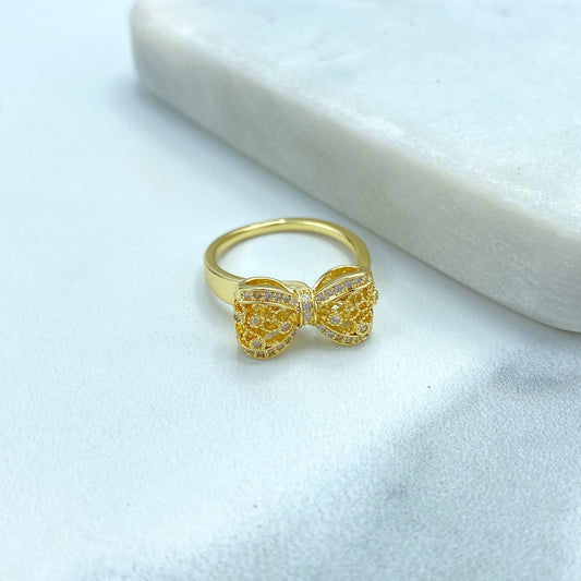 18k Gold Filled Adjustable Ring, 3D Mesh Ribbon Bow Ring featuring Micro Cubic Zirconia Adjustable Ring, Cutout Bow Ring, Wholesale Jewelry