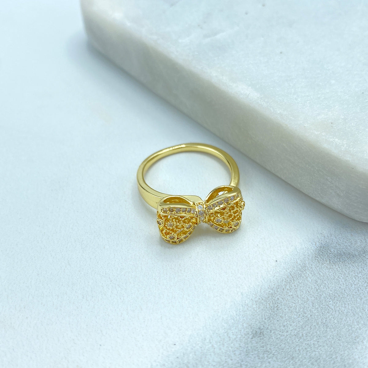 18k Gold Filled Adjustable Ring, 3D Mesh Ribbon Bow Ring featuring Micro Cubic Zirconia Adjustable Ring, Cutout Bow Ring, Wholesale Jewelry