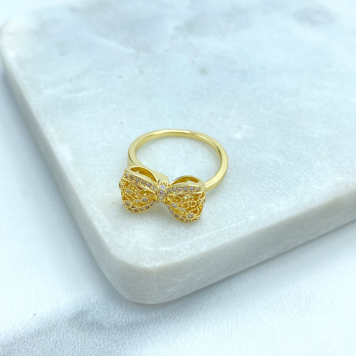 18k Gold Filled Adjustable Ring, 3D Mesh Ribbon Bow Ring featuring Micro Cubic Zirconia Adjustable Ring, Cutout Bow Ring, Wholesale Jewelry