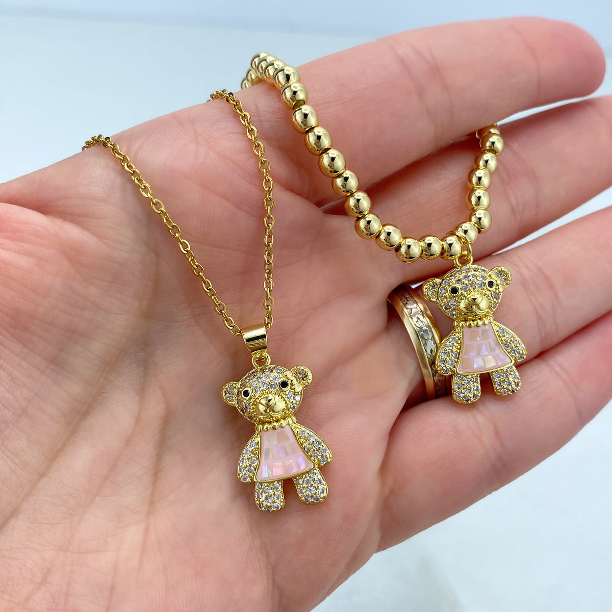 Stainless Steel Cute Bear Charm Featuring Cubic Zirconia Necklace or Beaded Bracelet, | Sold as a Set or Individually | Wholesale Jewelry