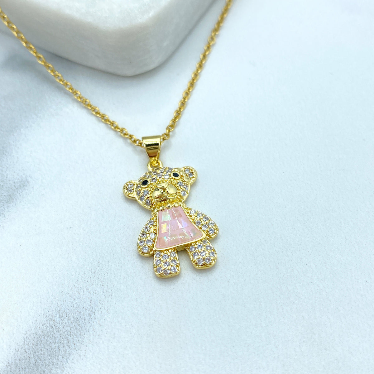 Stainless Steel Cute Bear Charm Featuring Cubic Zirconia Necklace or Beaded Bracelet, | Sold as a Set or Individually | Wholesale Jewelry