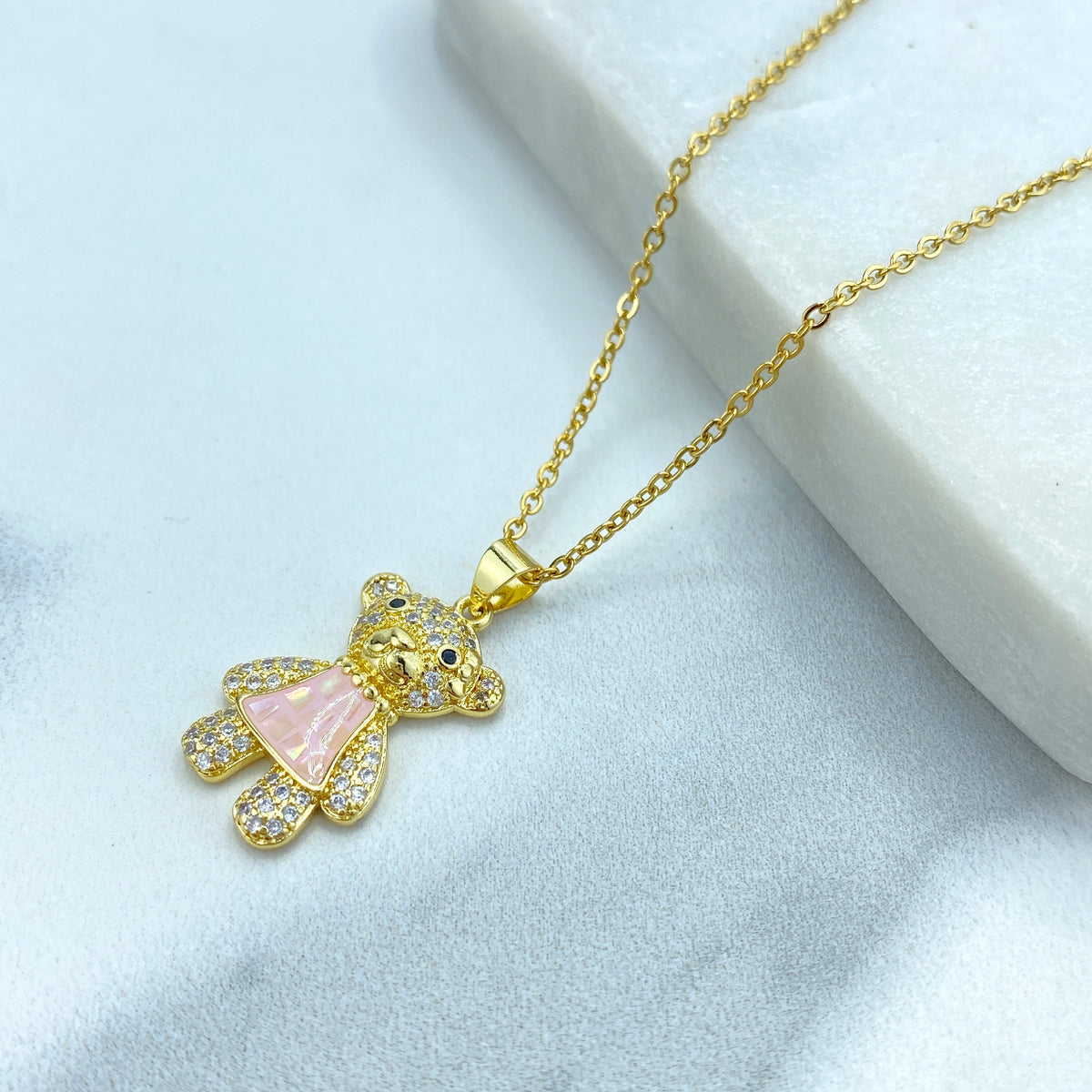 Stainless Steel Cute Bear Charm Featuring Cubic Zirconia Necklace or Beaded Bracelet, | Sold as a Set or Individually | Wholesale Jewelry
