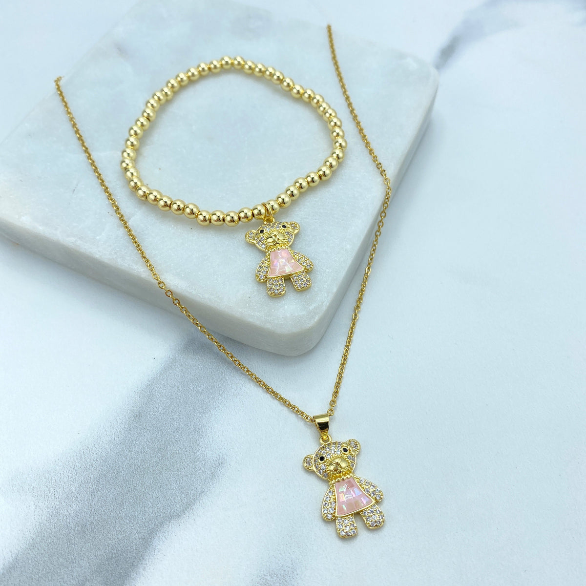 Stainless Steel Cute Bear Charm Featuring Cubic Zirconia Necklace or Beaded Bracelet, | Sold as a Set or Individually | Wholesale Jewelry