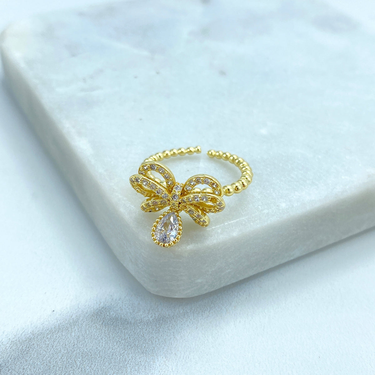 18k Gold Filled Adjustable Ring with Dangle Charms, Ribbon Bow Ring featuring Micro Cubic Zirconia Ring, Knot Bow Ring, Wholesale Jewelry