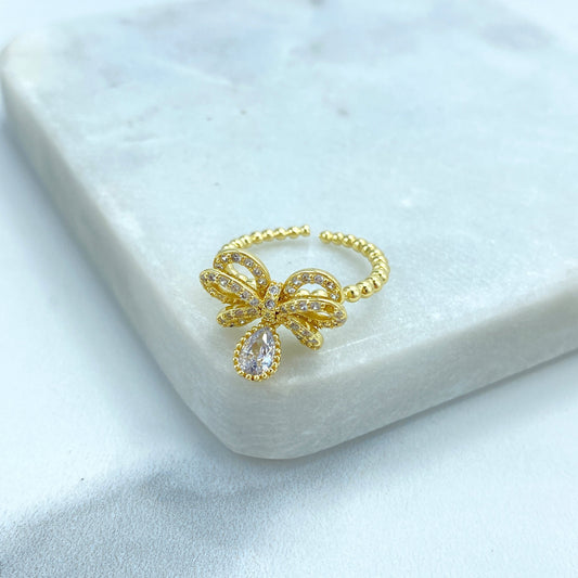 18k Gold Filled Adjustable Ring with Dangle Charms, Ribbon Bow Ring featuring Micro Cubic Zirconia Ring, Knot Bow Ring, Wholesale Jewelry