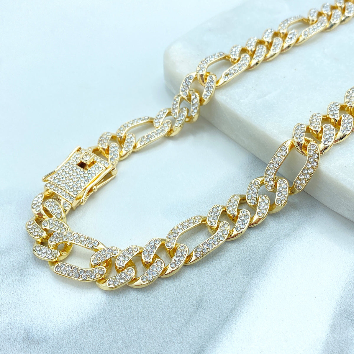 14k Gold Filled, 13mm Iced Figaro Chain Style, Featuring Double Safety Lock Box Cubic Zirconia Chain and Bracelet SET, Wholesale Jewelry