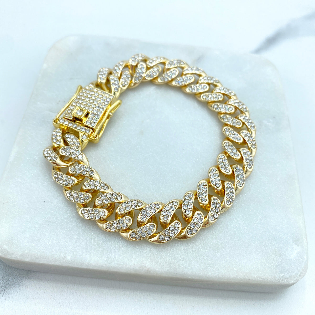 14k Gold Filled, 12mm Iced Miami Cuban Chain, Featuring Double Safety Lock Box Cubic Zirconia Chain and Bracelet SET, Wholesale Jewelry