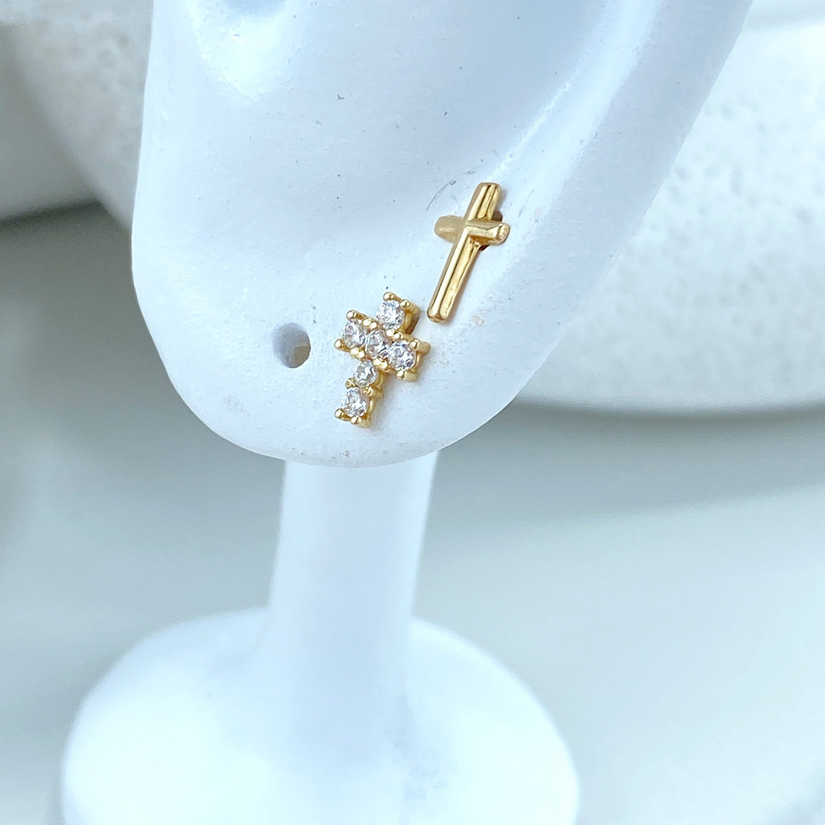 14k Solid Gold Cross Shape Stud Earrings, Polished or featuring Cubic Zirconia, 14k Solid Yellow Gold Cross Stud, Screw Back Studs, Unisex