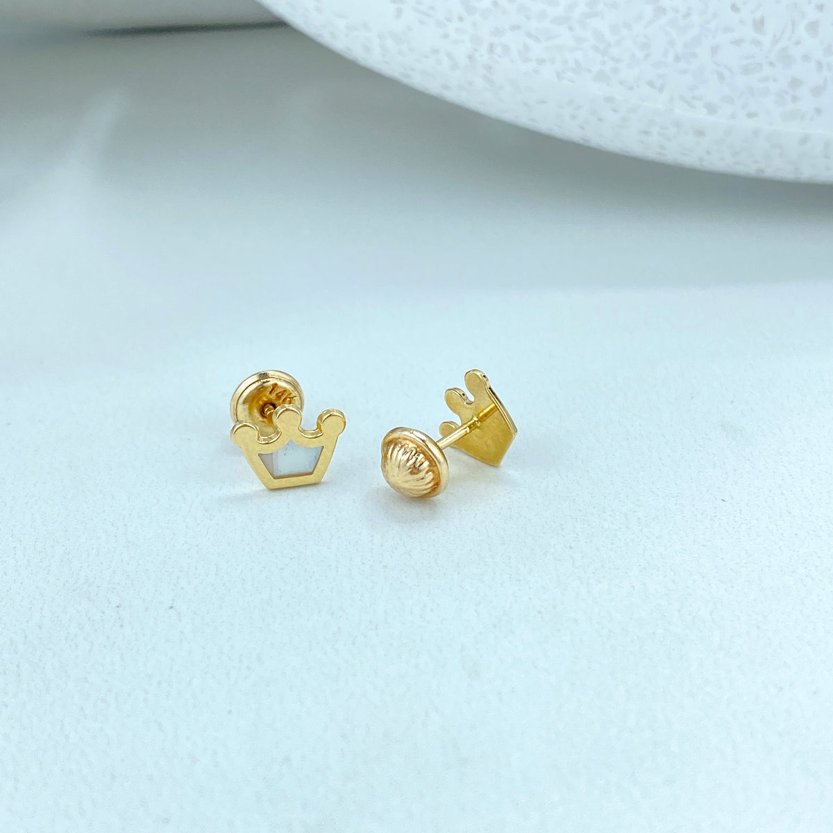 14k Solid Gold Mother of Pearl Crown Stud or Polished Crown Stud Earrings, 14k Solid Yellow Gold Stud, Screw Back Studs, Unisex