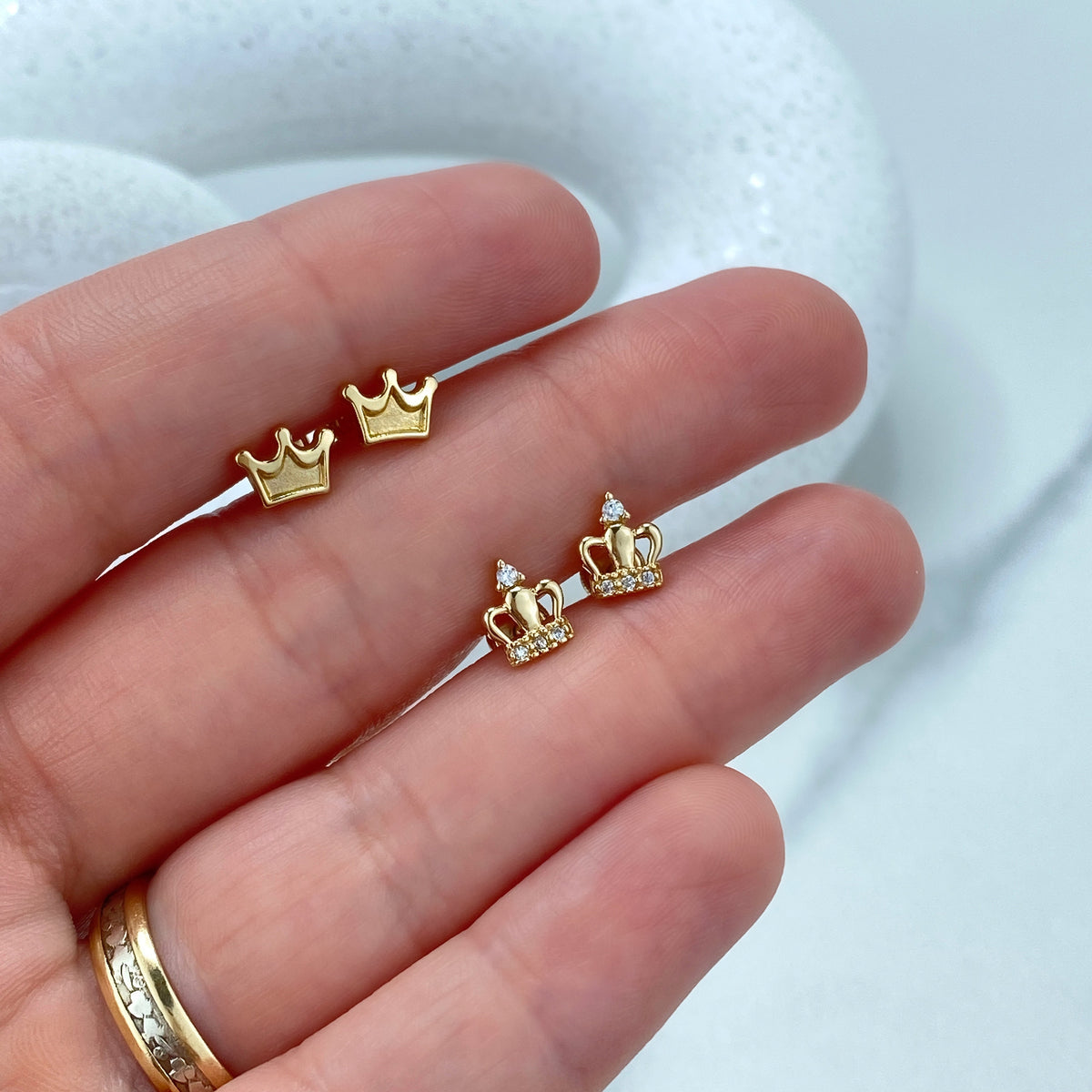 14k Solid Gold Crown Stud Earrings, Gold Crown or featuring Cubic Zirconia Crown, 14k Solid Yellow Gold Stud, Screw Back Studs, Unisex