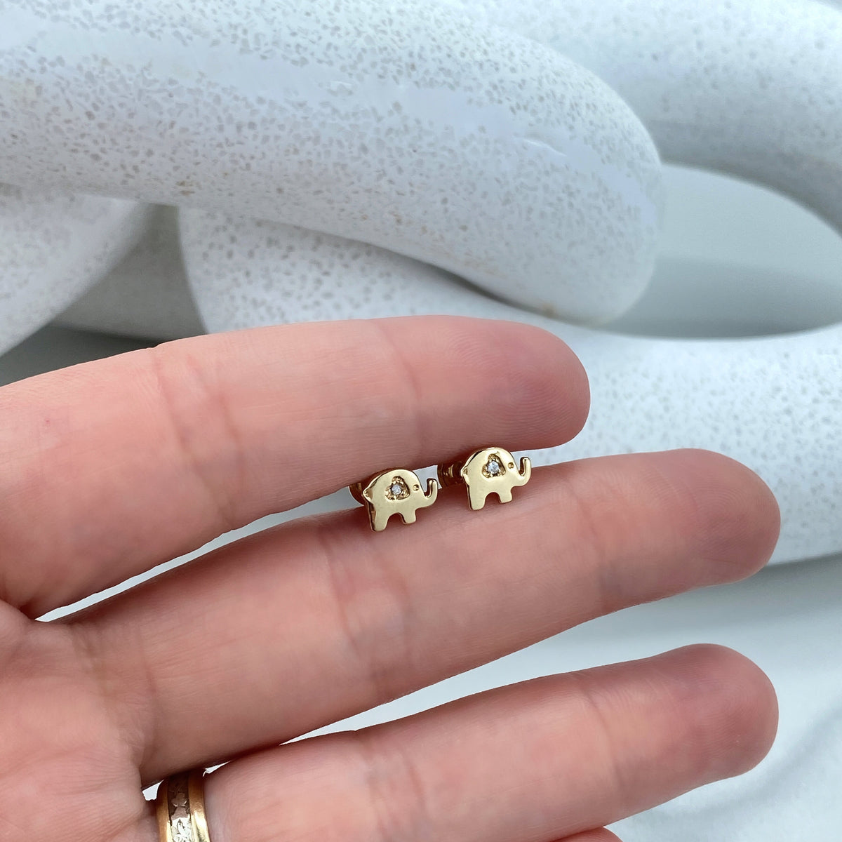 14k Solid Gold Elephant Stud Earrings, 14k Solid Yellow Gold Elephant Stud featuring Cubic Zirconia Stud, Screw Back Studs, Unisex